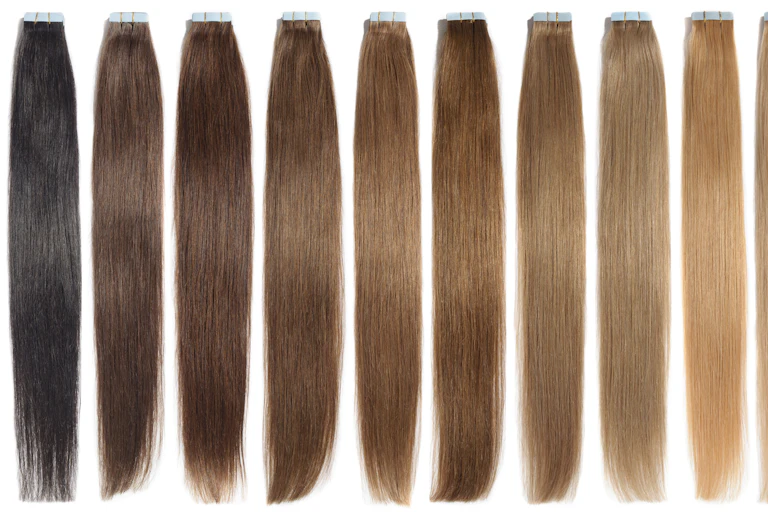 A row of locks of hair ranging from black to blonde