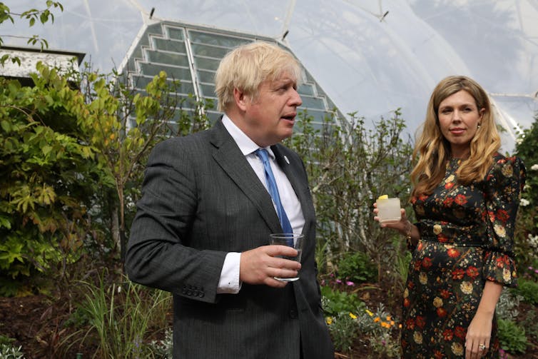 Boris and Carrie Johnson at a garden party at the Eden Project.