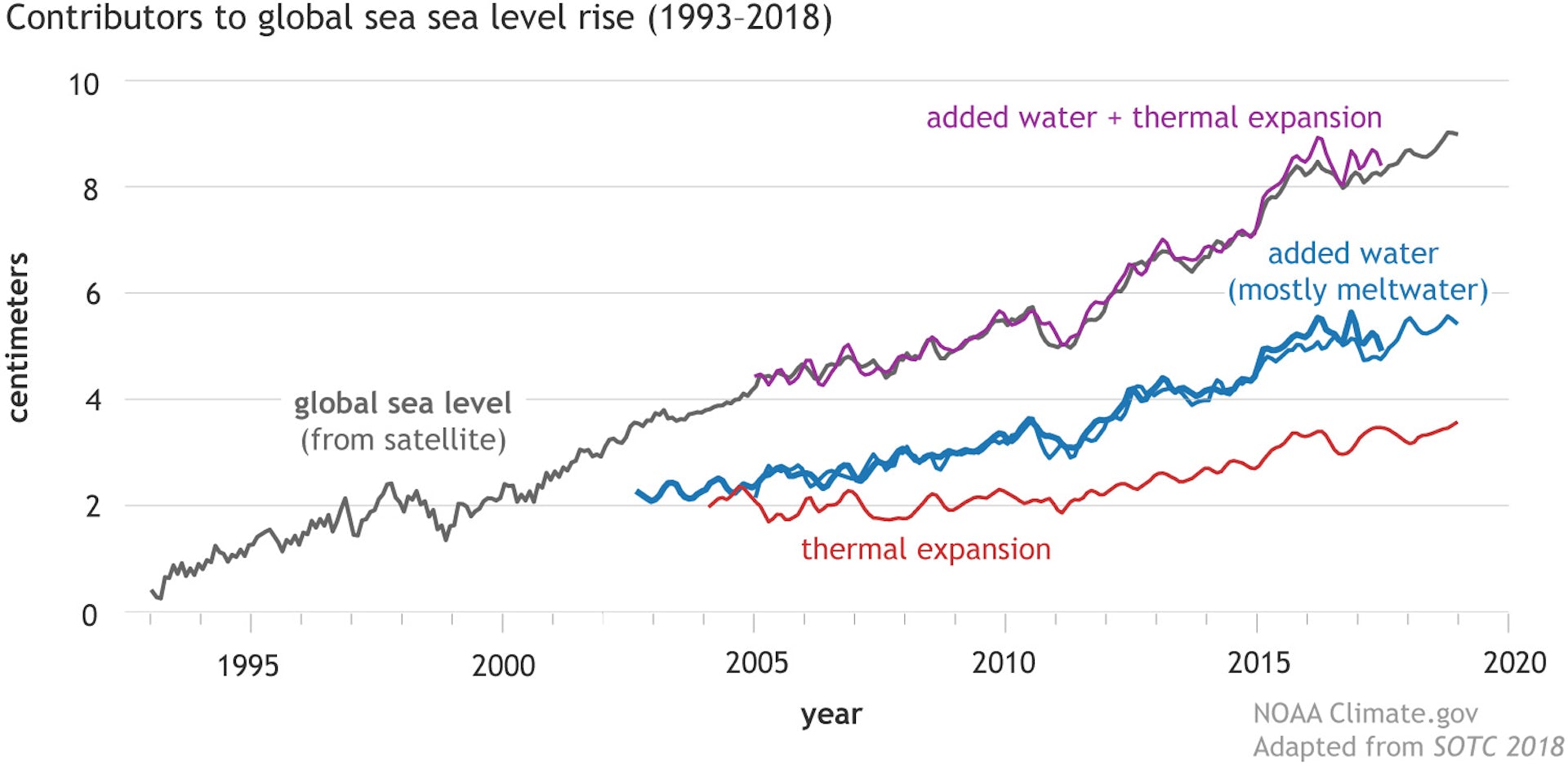 Line chart showing sea level rise attributed to thermal expansion and to melting as purple, blue, and red squiggles