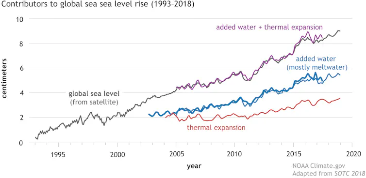 Line chart showing sea level rise attributed to thermal expansion and to melting