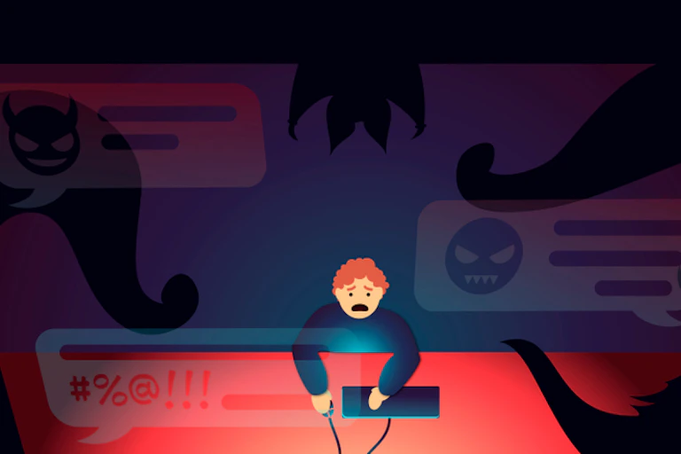A cartoon of a person looking at a compute screen with monsters looking back