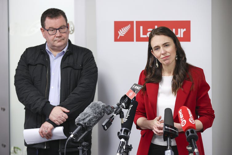 Grant Robertson and Jacinda Ardern speaking to media