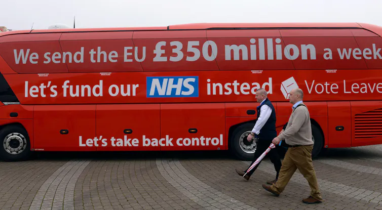 The Vote Leave campaign bus with a slogan on its side claiming that the UK sends £350 million to the EU every week.