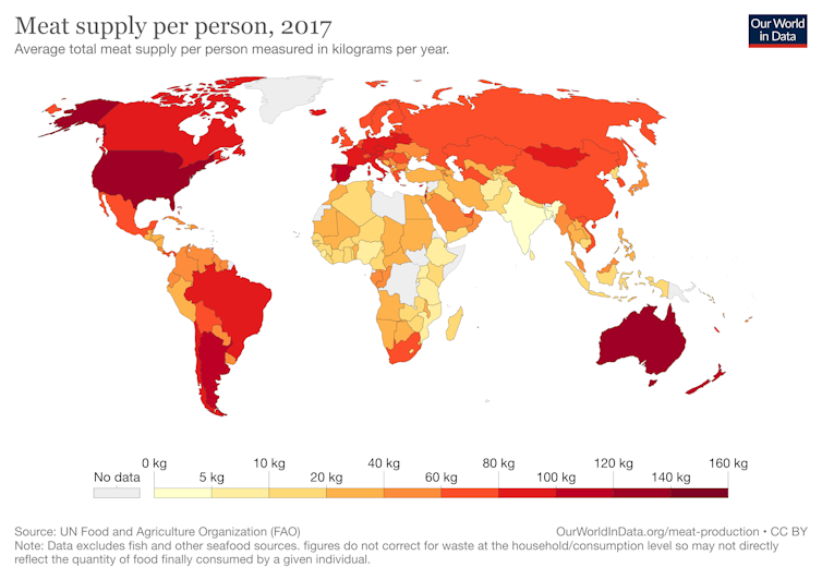 Mappa dell'offerta di carne per paese.