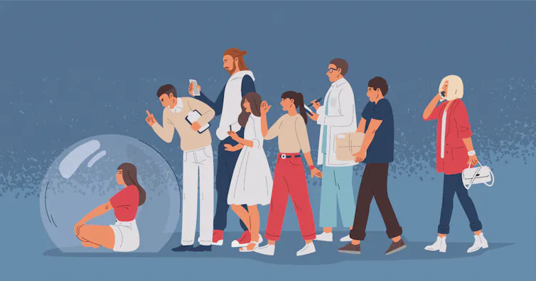 An illustration depicts a woman in a bubble, avoiding all that's around her as people clamour for her attention.