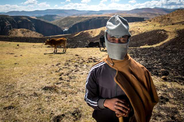 A man stands with a balaclava covering his face, just his eyes visible, with cows behind him and a mountain range in the distance.