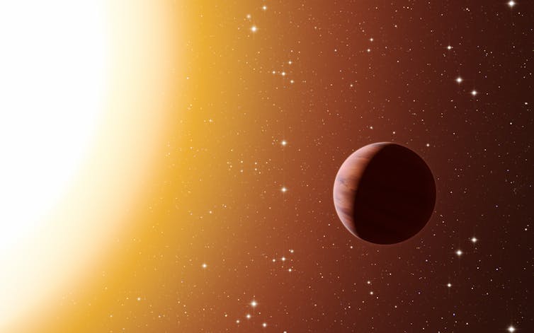 环绕一颗大恒星运行的淡红色带状行星。