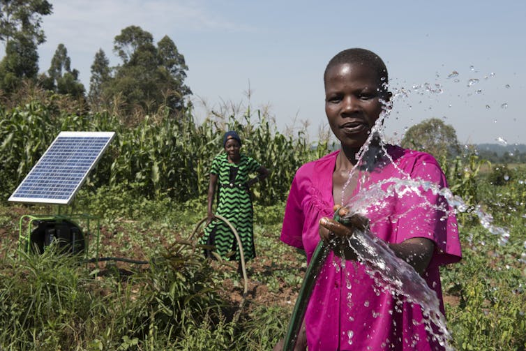 A person holds a hosepipe in front of a solar panel