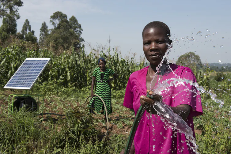 A person holds a hosepipe in front of a solar panel