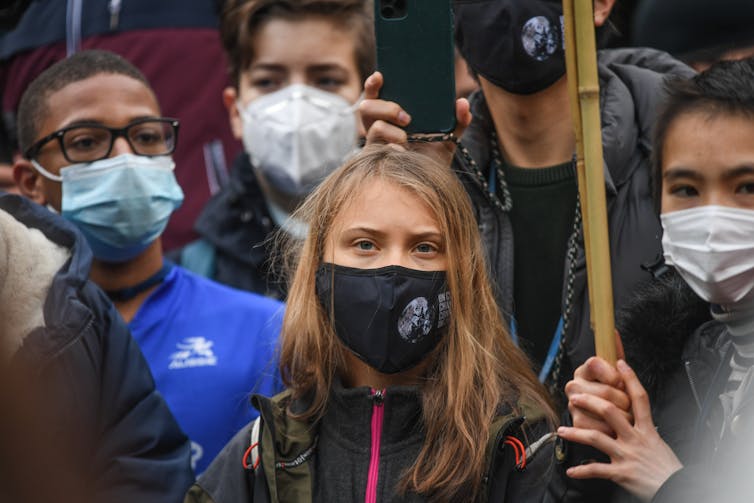 Greta Thunberg with other young protesters.