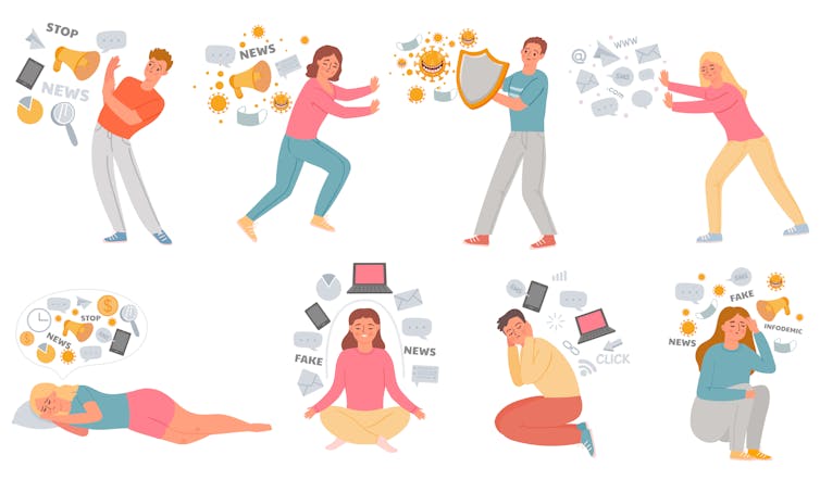 An illustration of people avoiding news through depictions of news chasing them