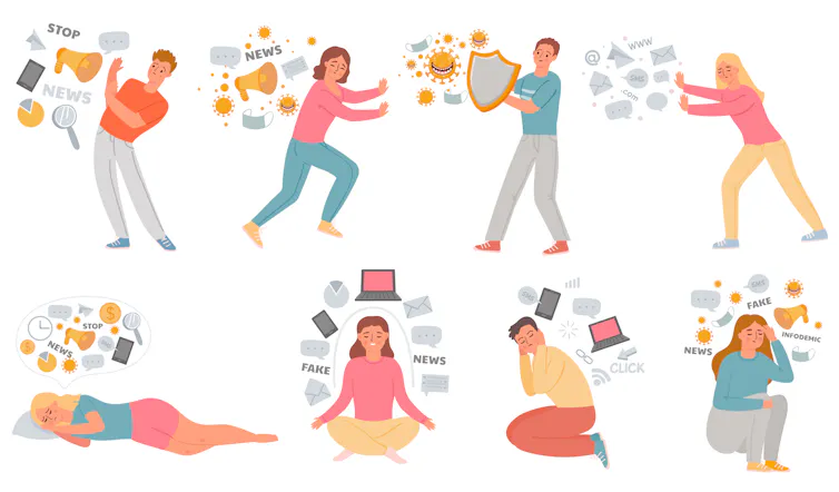 An illustration of people avoiding news through depictions of news chasing them