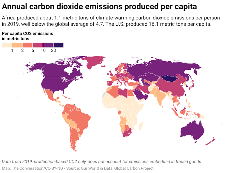 A map of the world with each country color-coded according to carbon dioxide emissions.