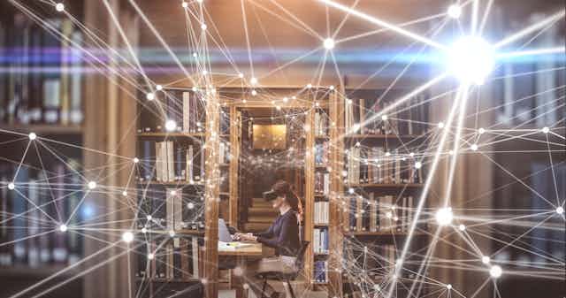 Woman in library with VR headset and overlaid network of lines