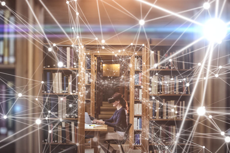 Woman in library with VR headset and overlaid network of lines