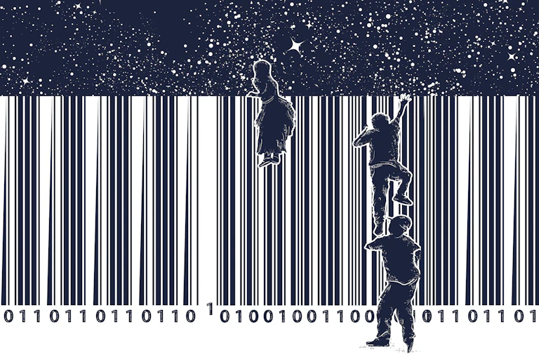 Enfants escaladant un code barre numérique pour atteindre les étoiles