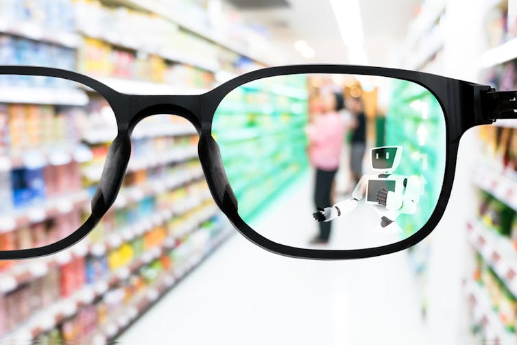 Shopper in supermarket using AR glasses to interact with a bot