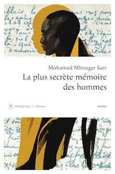 A book cover with a brown and black illustration of an African man with turquoise written words in old-fashioned italics behind him.