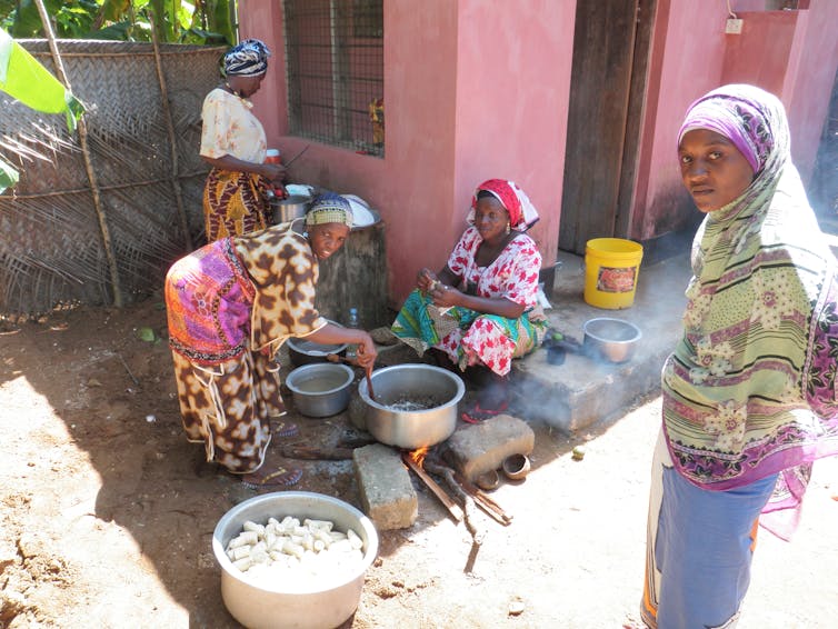 Women cooking using an open fire stove