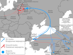 Map showing migrant routes from the Middle East to the Belarus border with Poland.