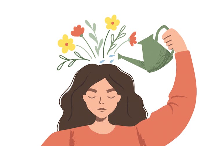 An illustration of a woman with her eyes closed with a cloudy background shows a watering can watering her 'brain' which is actually depicted by flowers.