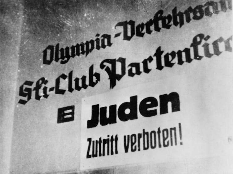 A 1936 sign from Germany saying Jews were forbidden to go to that year's Winter Olympics.