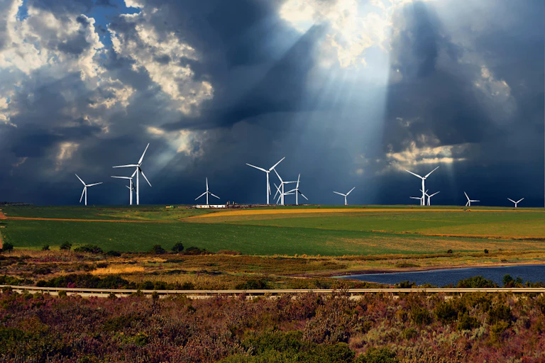 A wind turbine Station generating electricity from a wind farm in South Africa.