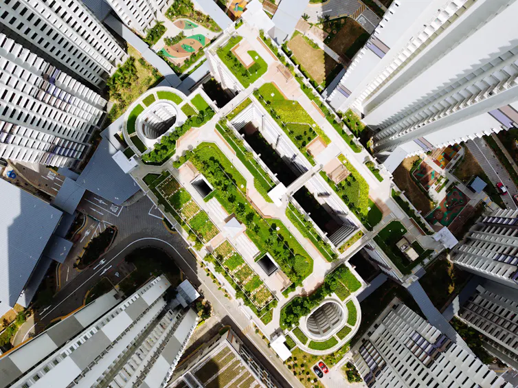 Green spaces in between high-rise buildings, seen from above