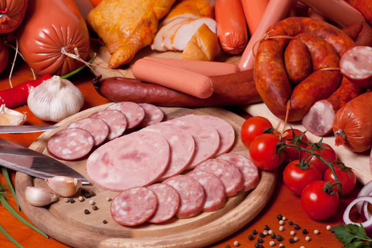 An assortment of processed meats, including sausage and chorizo.