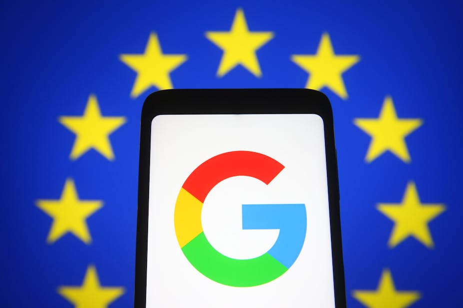 Google phone in front of EU flag