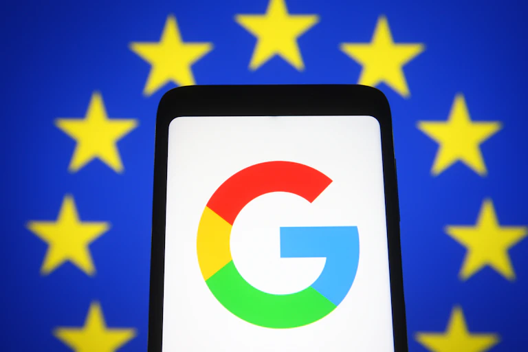 Google phone in front of EU flag