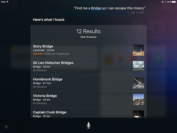 Siri often doesn’t understand the sentiment behind and context of phrases. Screenshot/Author provided image