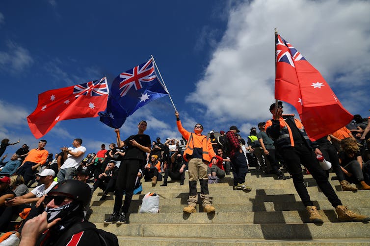 Protesters gathered at the Shrine of Remembrance