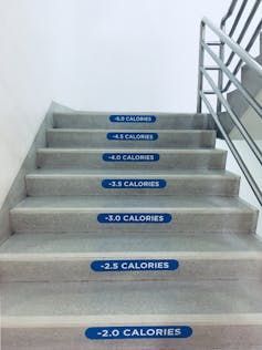 Stairs with each step labelled with the number of calories burned