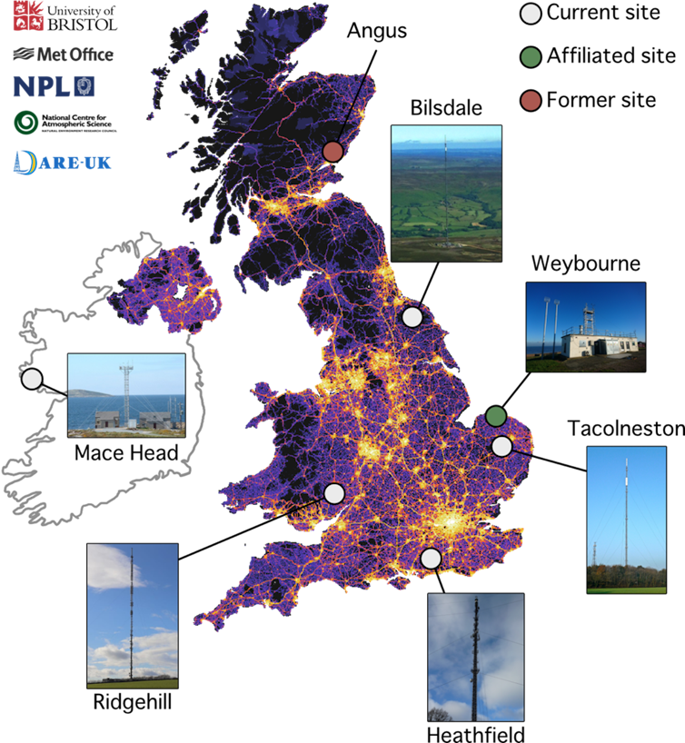 Map of UK showing the location of the tall towers which take air samples