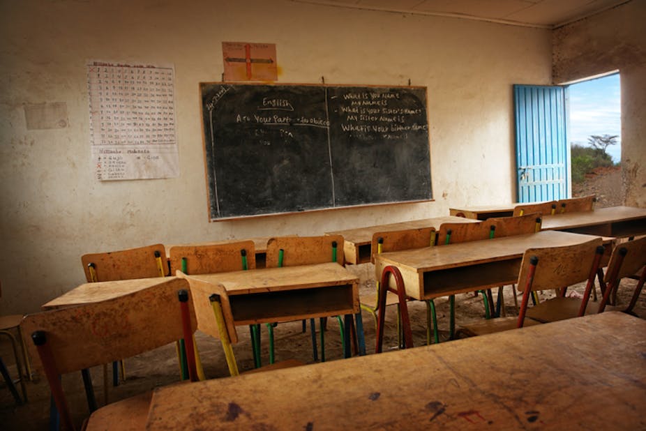 An empty school classroom in Uganda.