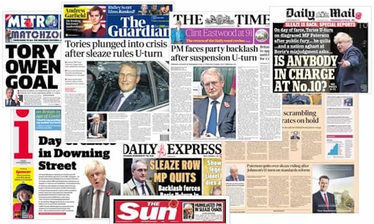 A montage of UK newspaper front pages reporting on the Owen Paterson scandal.