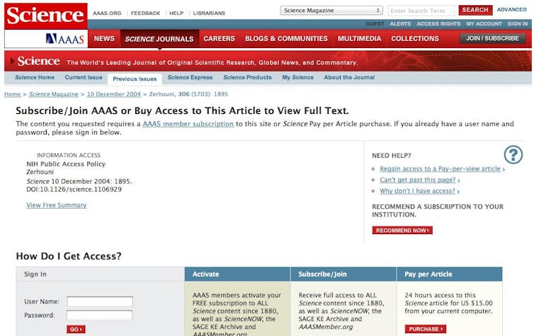 Paywall page of Science journal requesting payment for individual article or login by subscribers.