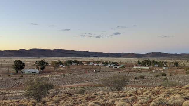 View of remote community Kalka at sunset.