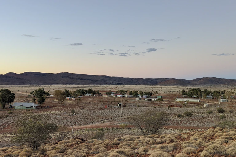 View of remote community Kalka at sunset.