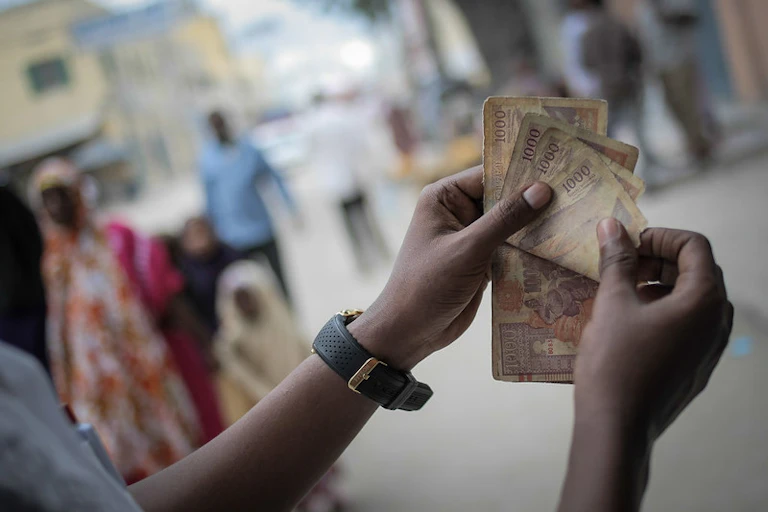A man counts Somali shilling notes