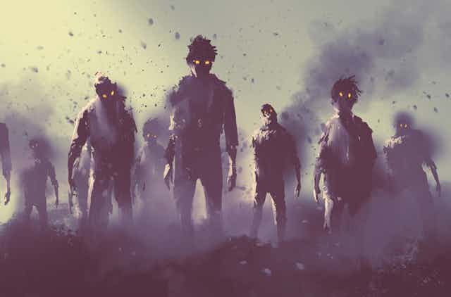 Painting of a zombie crowd walking at night.