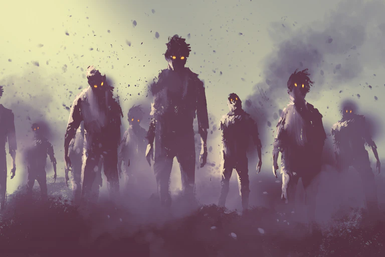 Painting of a zombie crowd walking at night.