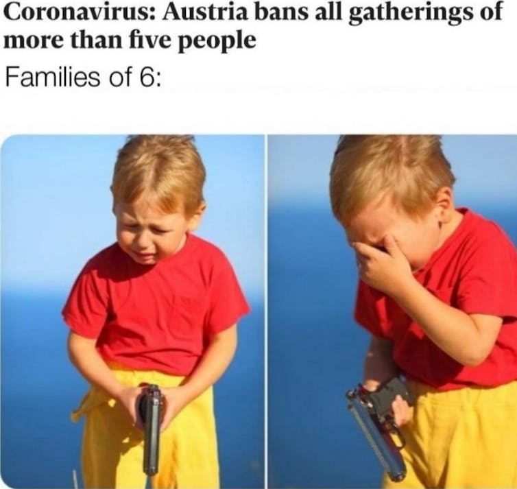 Two side by side images of a toddler holding a gun and crying. Caption suggests that this is how families of six would react to Austria's lockdown announcement banning gatherings of more than five people.