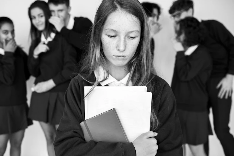 Black and white photo focusing on a sad looking girl in a school uniform, while her classmates laugh and whisper at her in the background