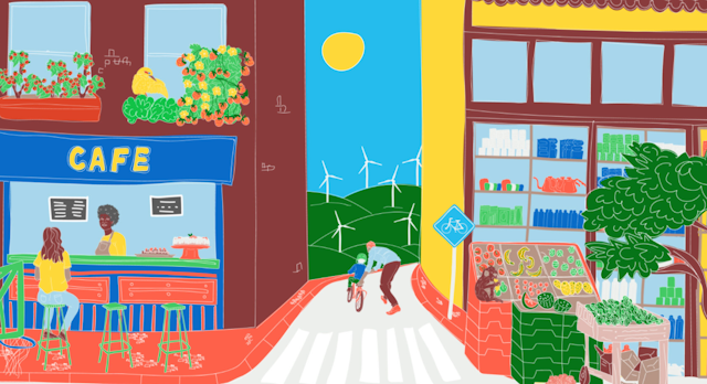 A playful illustration of a green city with happy people, healthy food, wind energy turbines in the background.