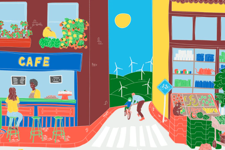 A playful illustration of a green city with happy people, healthy food, wind energy turbines in the background.