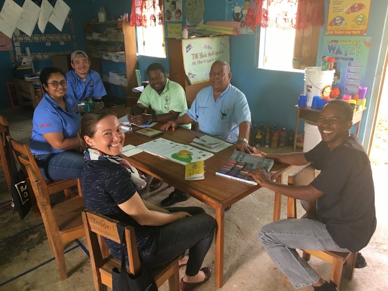 People sitting at a table. There are 6 people, they are in a classroom that is painted blue.