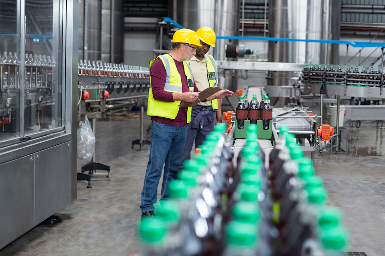 Two workers in hard hats and yellow vests inspecting a line of soft drink bottles on a conveyor belt
