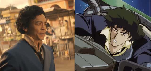 A man in a tie and jacket seen staring into the distance and an anime man in the same outfit driving a spaceship.